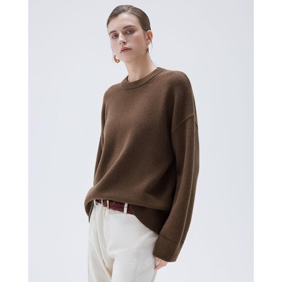 Women Cashmere Blend Oversized Crew Neck Cocoa Brown Soft Warm Pullover Sweater - Picture 2 of 5